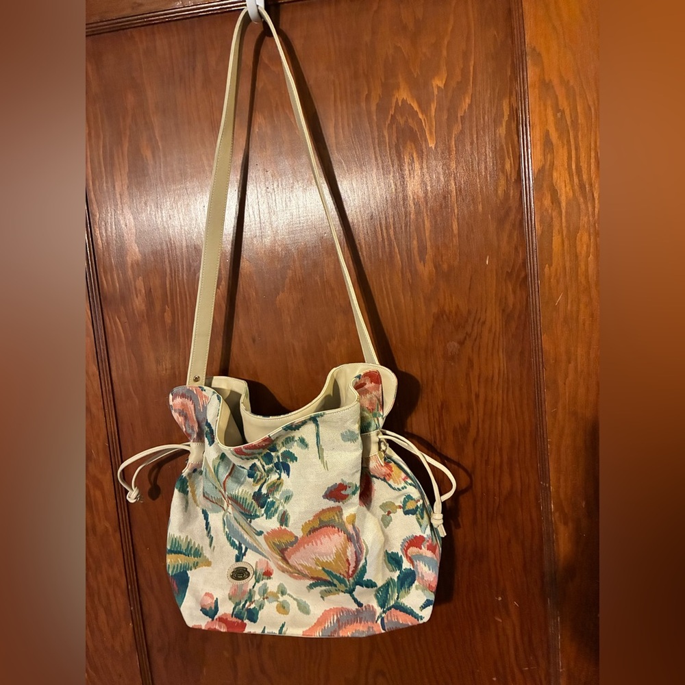 Vintage Etienne Aigner Floral Tapestry Drawstring Shoulder Bag - Cream Floral
